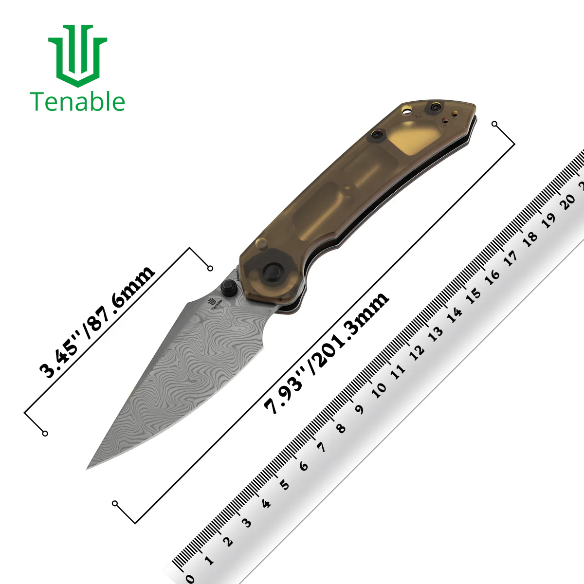 Tenable Fenrir Top Liner Lock Folding Knife| Amber PEI Handle | 3.4“ Damacus Blade | Sparrow Knife Design | B1034H6 - Image 10