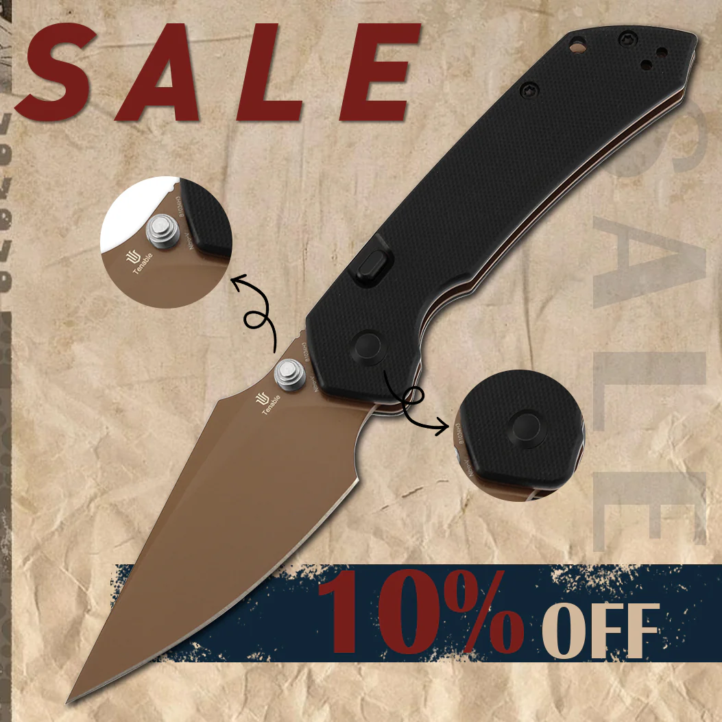 Tenable Fenrir Top Liner Lock Folding Knife| Black G10 Handle | 3.48“ Rose Gold Coated Nitro-V Blade | Black Hardware & Silver Thumb Stud | Sparrow Knife Design | B1034H3-2