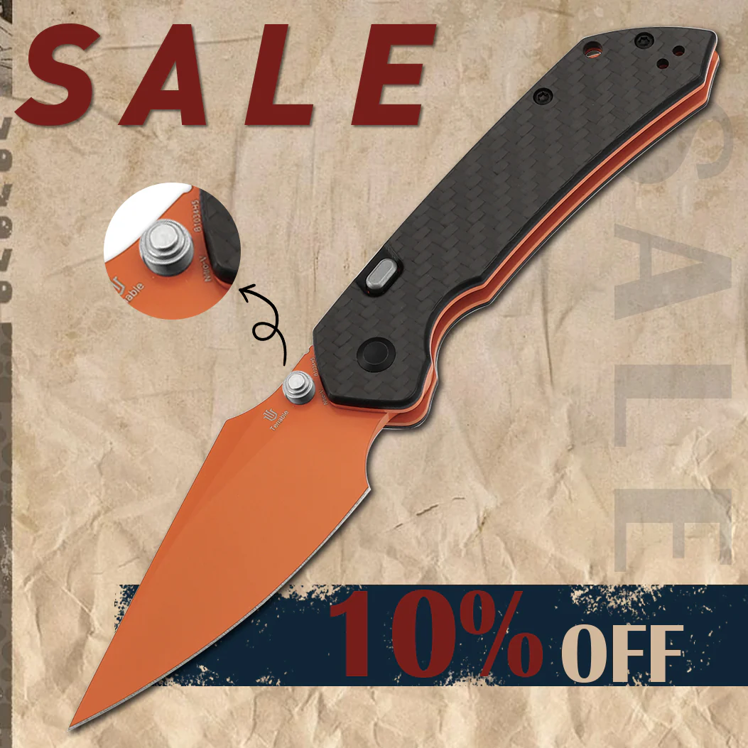 Tenable Fenrir Top Liner Lock Folding Knife| Twill Carbon Fiber Handle | 3.48“ Orange Coated Nitro V Blade | Sparrow Knife Design | B1034H5 (Stainless Steel Thumb Stud)