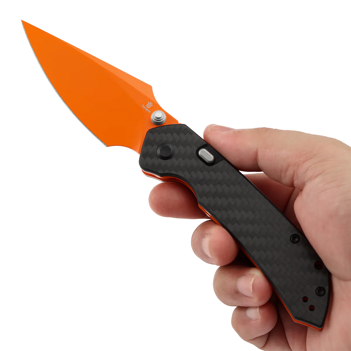 Tenable Fenrir Top Liner Lock Folding Knife| Twill Carbon Fiber Handle | 3.48“ Orange Coated Nitro V Blade | Sparrow Knife Design | B1034H5 (Stainless Steel Thumb Stud) - Image 10