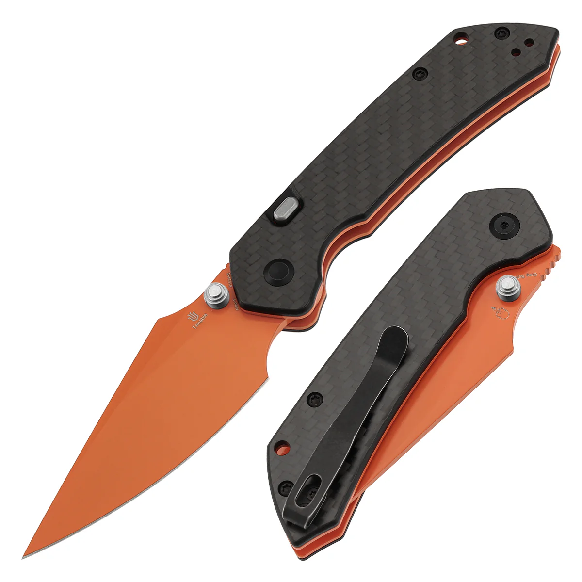 Tenable Fenrir Top Liner Lock Folding Knife| Twill Carbon Fiber Handle | 3.48“ Orange Coated Nitro V Blade | Sparrow Knife Design | B1034H5 (Stainless Steel Thumb Stud) - Image 2
