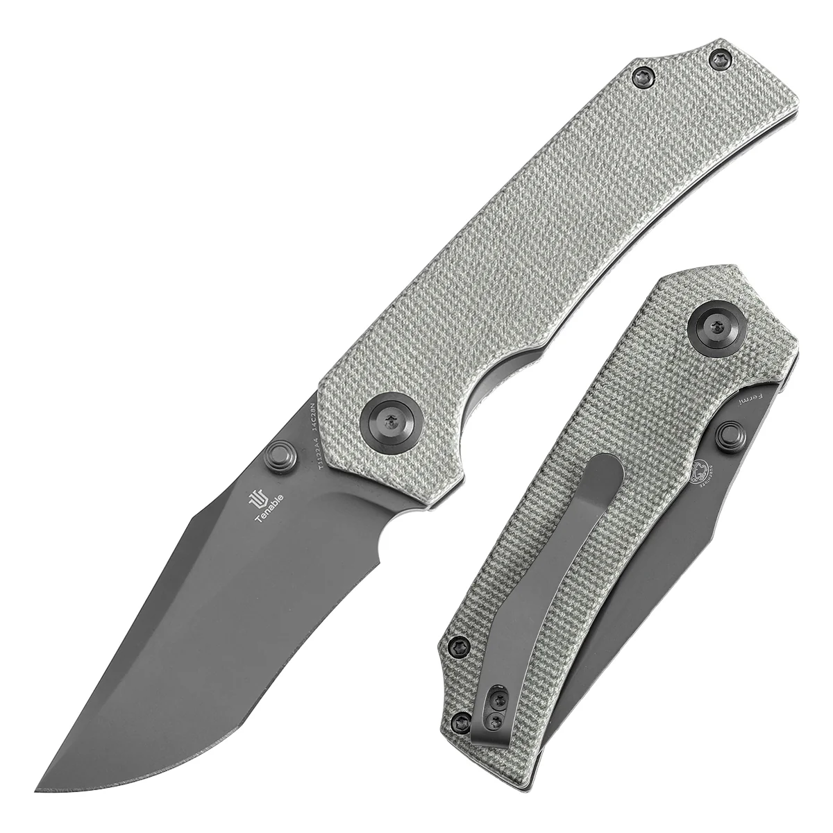 Tenable Fermi Folding Knife Green Micarta Handle (3.11'' Grey TiCn Coated 14C28N Blade) Burchtree Designs-T1122A4