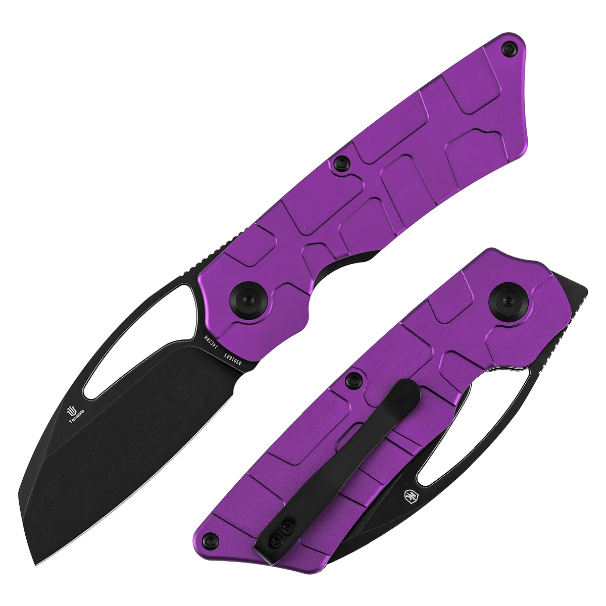Tenable Goblin L Folding Knife | 3.08" Blackwash 14C28N Blade | Purple Anodized Aluminum with Amphibian-inspired Geometric Texture Handle | Marshall Noble Design | B3016A3
