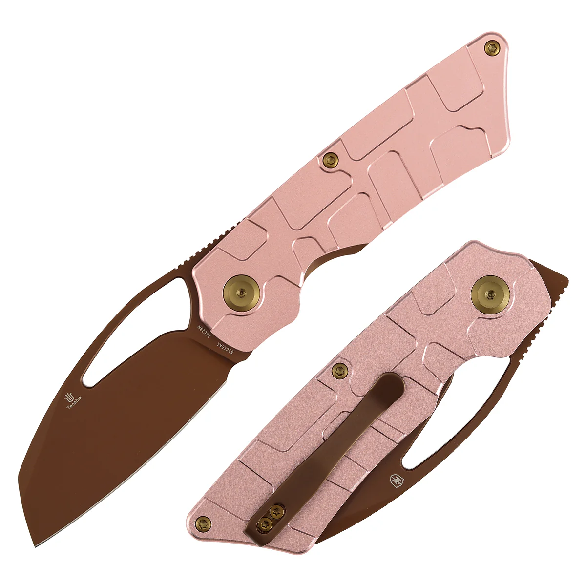 Tenable Goblin L Folding Knife | 3.08" Rose Gold 14C28N Blade | Rose Gold Aluminum with Amphibian-inspired Geometric Texture Handle | Marshall Noble Design | B3016A1