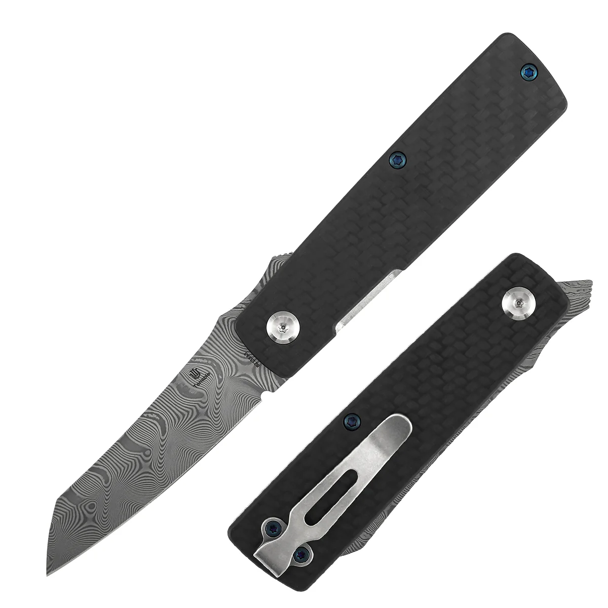 Tenable Higonokami Folding Knife | 3.02'' Water Ripple Damascus Blade | Twill Cabrbon Fiber Handle | Goran mihajlovic Design | B2135A3