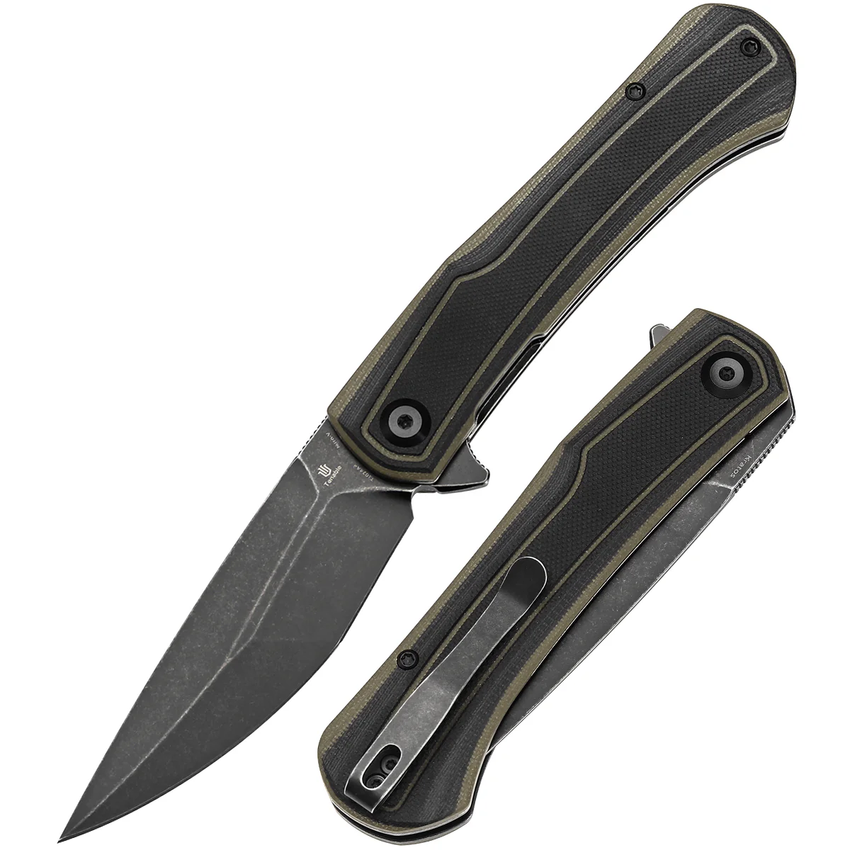 Tenable Kratos Folding Knife Black and Green G10 Handle(3.79" Blackwash Nitro-V Blade) Ostap Hel Design-T1024A4