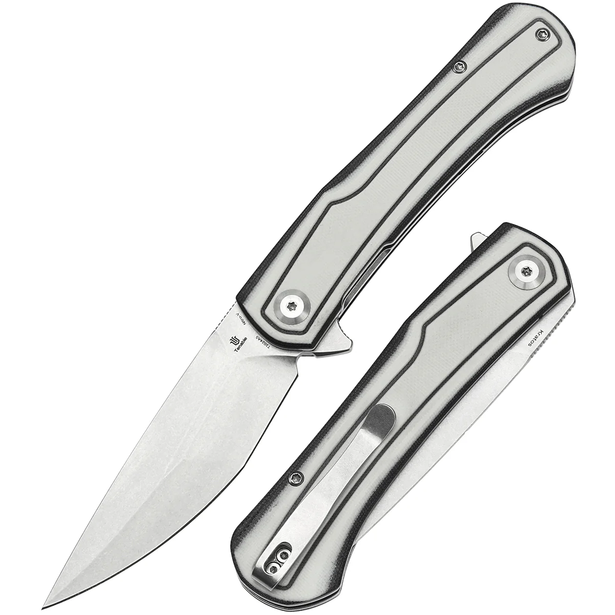 Tenable Kratos Folding Knife Black and White G10 Handle(3.79" Stonewashed Nitro-V Blade) Ostap Hel Design-T1024A5