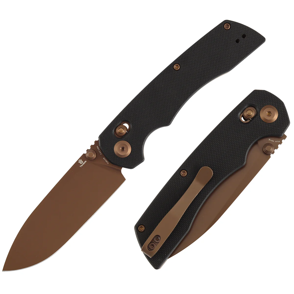 Tenable Kryo Cross Bar Lock | Black G10 Handle | 3.58‘’ Rose Gold Coated 14C28N Blade | Kim Ning Design-T1001V8
