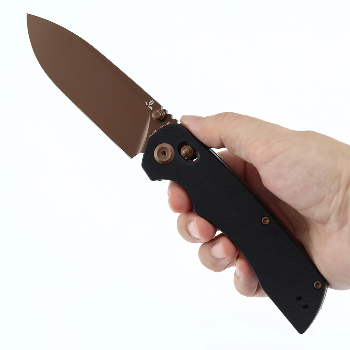 Tenable Kryo Cross Bar Lock | Black G10 Handle | 3.58‘’ Rose Gold Coated 14C28N Blade | Kim Ning Design-T1001V8 - Image 9