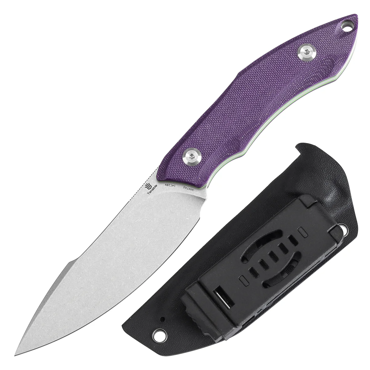 Tenable Luccio Fixed Blade Knife with Purple G10 Handle (3.81" Stonewashed 14C28N Blade) - Bolt Vision Design - G007A5