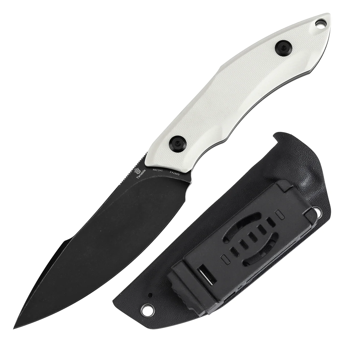 Tenable Luccio Fixed Blade Knife with White G10 Handle (3.81" Blackwash 14C28N Blade) - Bolt Vision Design - G007A3