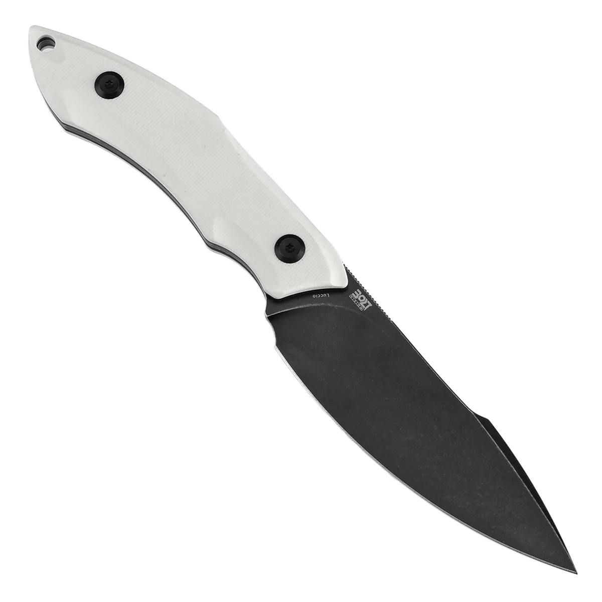 Tenable Luccio Fixed Blade Knife with White G10 Handle (3.81" Blackwash 14C28N Blade) - Bolt Vision Design - G007A3 - Image 3
