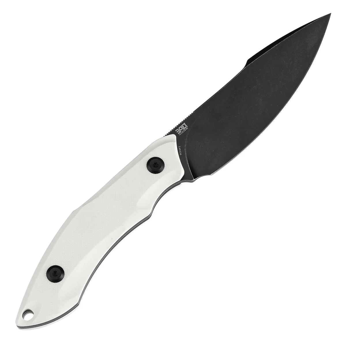 Tenable Luccio Fixed Blade Knife with White G10 Handle (3.81" Blackwash 14C28N Blade) - Bolt Vision Design - G007A3 - Image 6