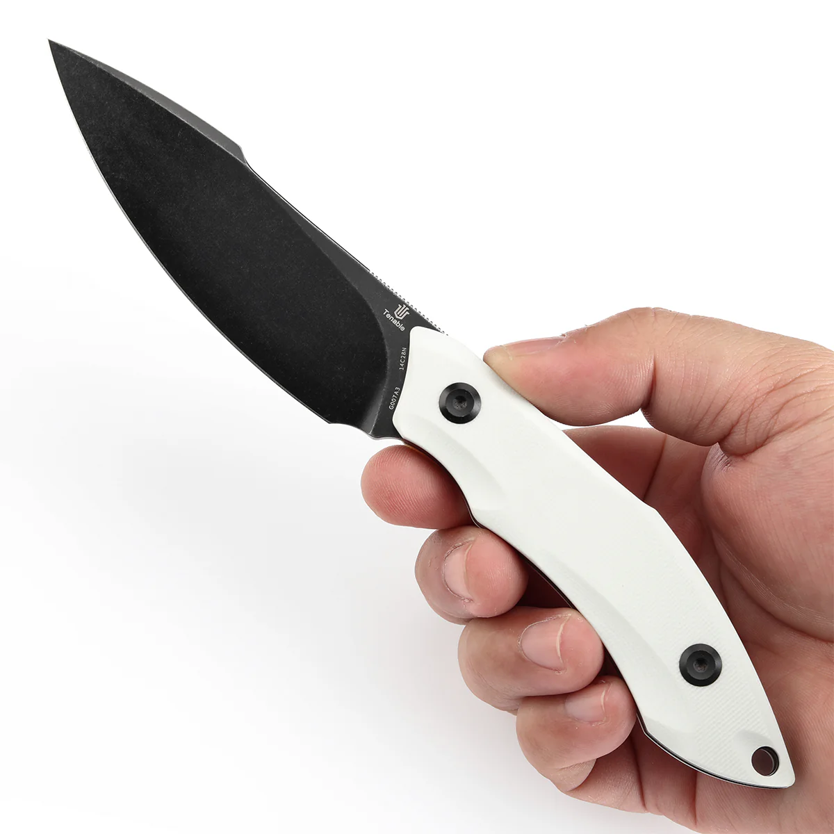 Tenable Luccio Fixed Blade Knife with White G10 Handle (3.81" Blackwash 14C28N Blade) - Bolt Vision Design - G007A3 - Image 7
