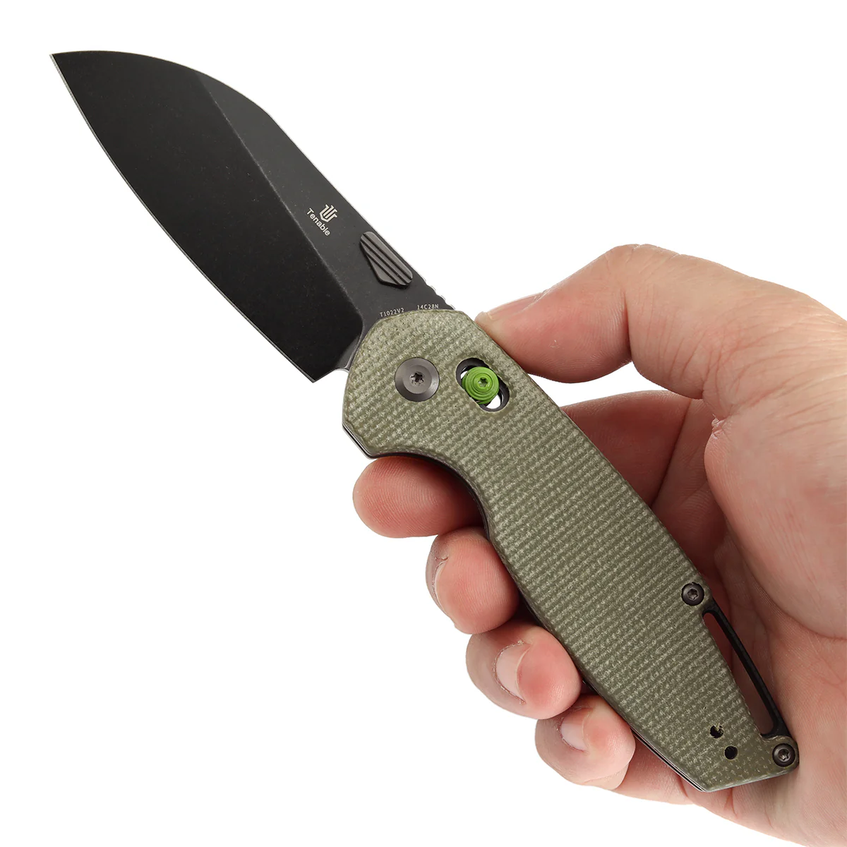 Tenable Model 6 Cross Bar Lock | Green Micarta Handle | 3.1" Blackwash 14C28N Blade| Nick Swan Design--T1022V2 - Image 9