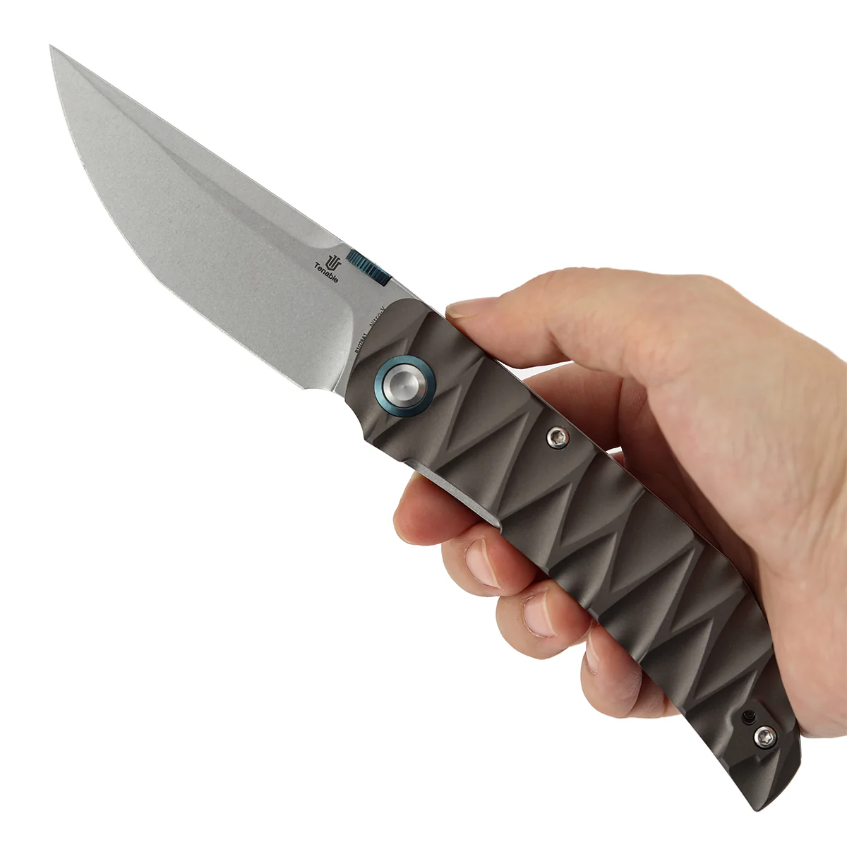 Tenable Tarkin Liner Knife | 3.4" Stonewashed Nitro-V Blade | Gray Aluminum with Faceted Wave Texture Handle | Matthew Christensen Design | B1078A1 - Image 10