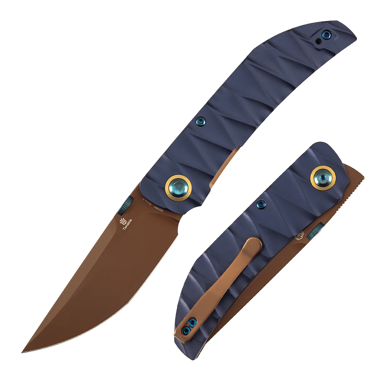 Tenable Tarkin Liner Knife | 3.4" Rose Gold Nitro-V | Blue Aluminum with Faceted Wave Texture Handle | Matthew Christensen Design | B1078A2