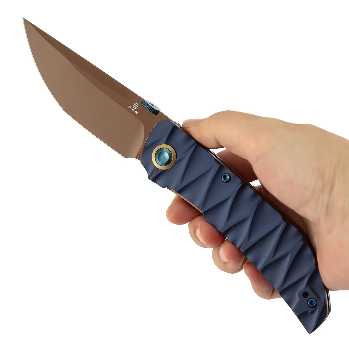 Tenable Tarkin Liner Knife | 3.4" Rose Gold Nitro-V | Blue Aluminum with Faceted Wave Texture Handle | Matthew Christensen Design | B1078A2 - Image 10