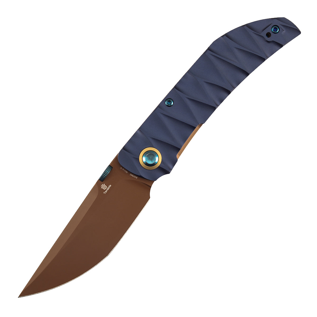 Tenable Tarkin Liner Knife | 3.4" Rose Gold Nitro-V | Blue Aluminum with Faceted Wave Texture Handle | Matthew Christensen Design | B1078A2 - Image 2