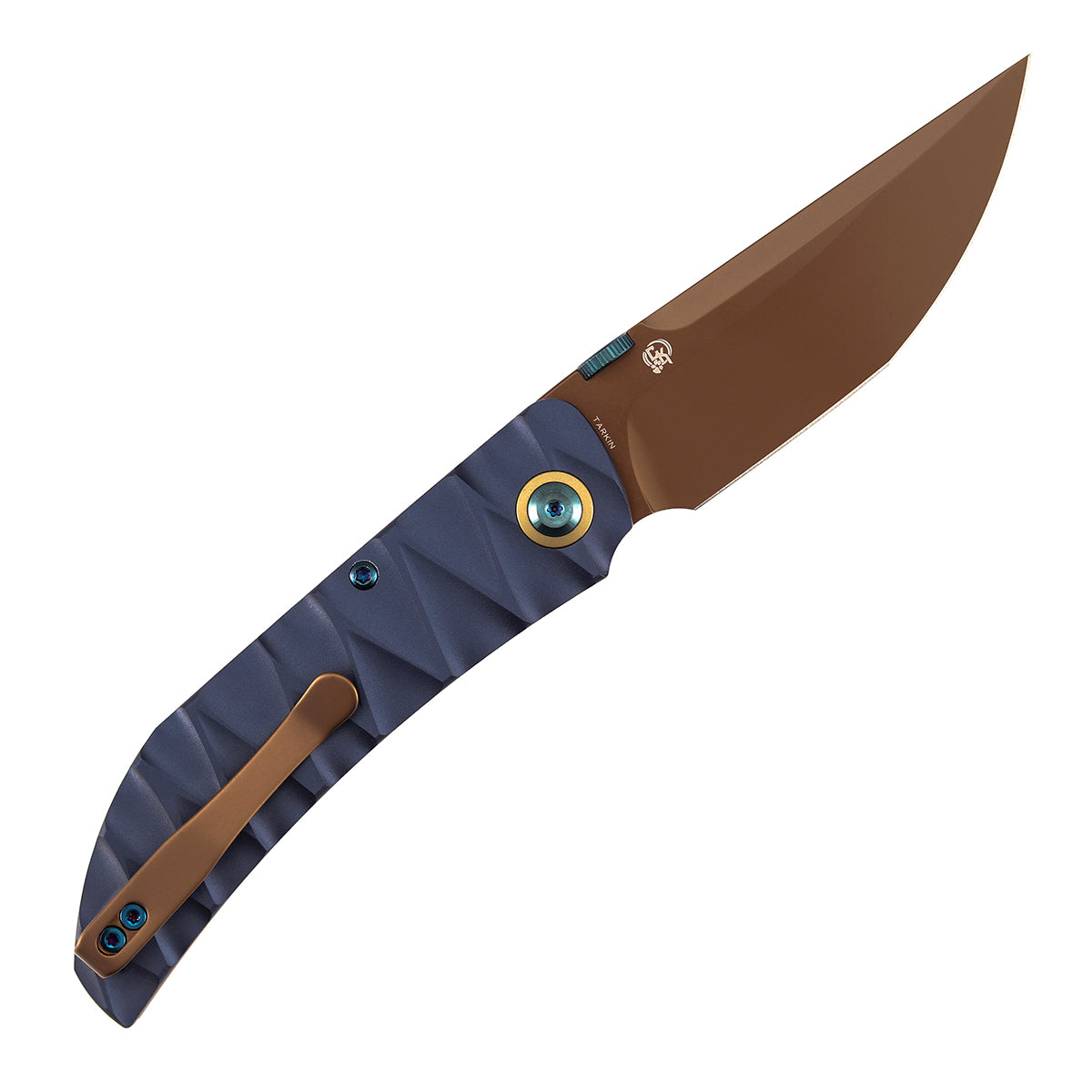 Tenable Tarkin Liner Knife | 3.4" Rose Gold Nitro-V | Blue Aluminum with Faceted Wave Texture Handle | Matthew Christensen Design | B1078A2 - Image 4