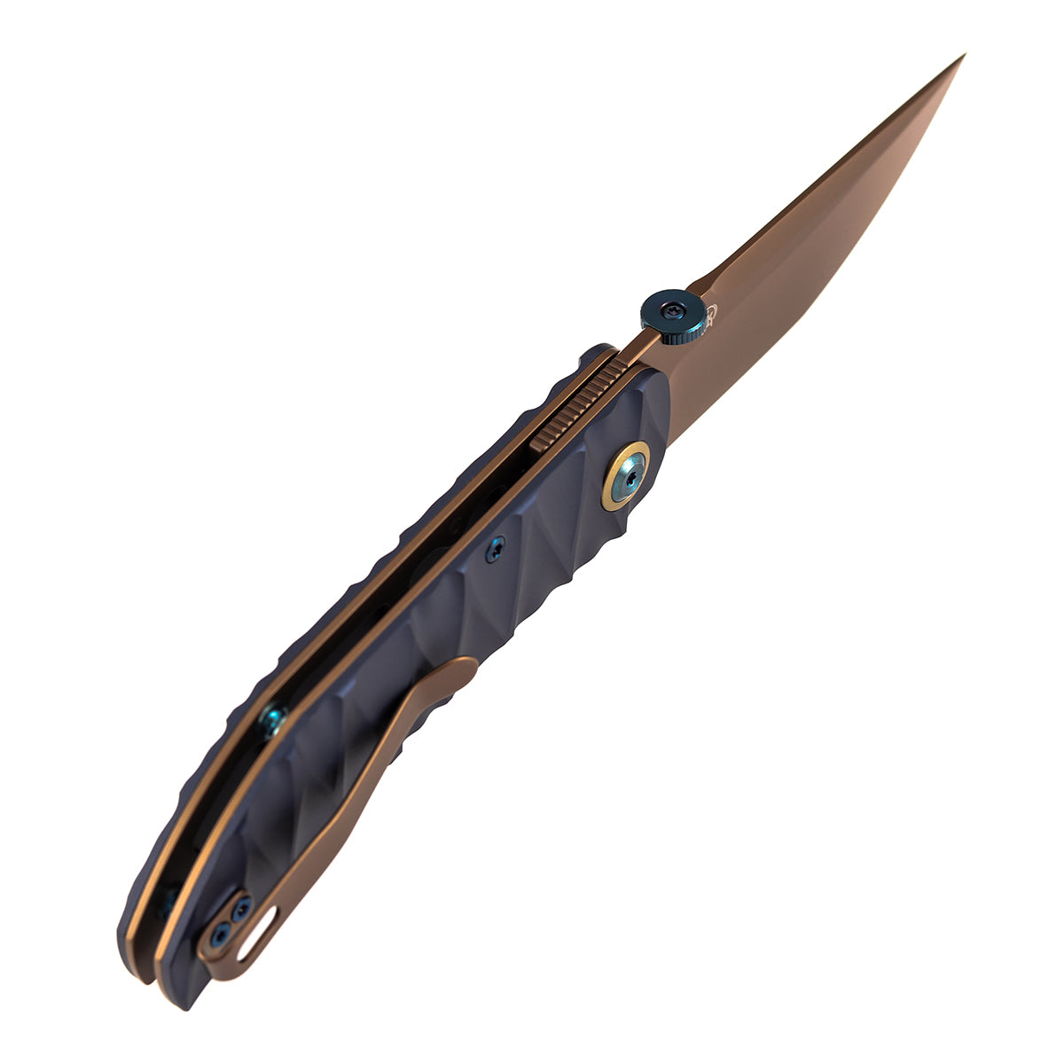 Tenable Tarkin Liner Knife | 3.4" Rose Gold Nitro-V | Blue Aluminum with Faceted Wave Texture Handle | Matthew Christensen Design | B1078A2 - Image 7