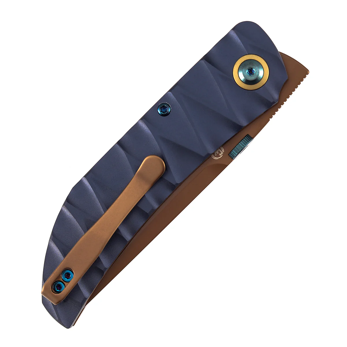 Tenable Tarkin Liner Knife | 3.4" Rose Gold Nitro-V | Blue Aluminum with Faceted Wave Texture Handle | Matthew Christensen Design | B1078A2 - Image 8