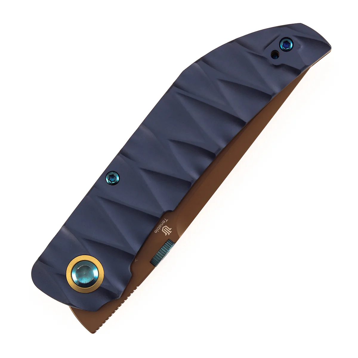 Tenable Tarkin Liner Knife | 3.4" Rose Gold Nitro-V | Blue Aluminum with Faceted Wave Texture Handle | Matthew Christensen Design | B1078A2 - Image 9
