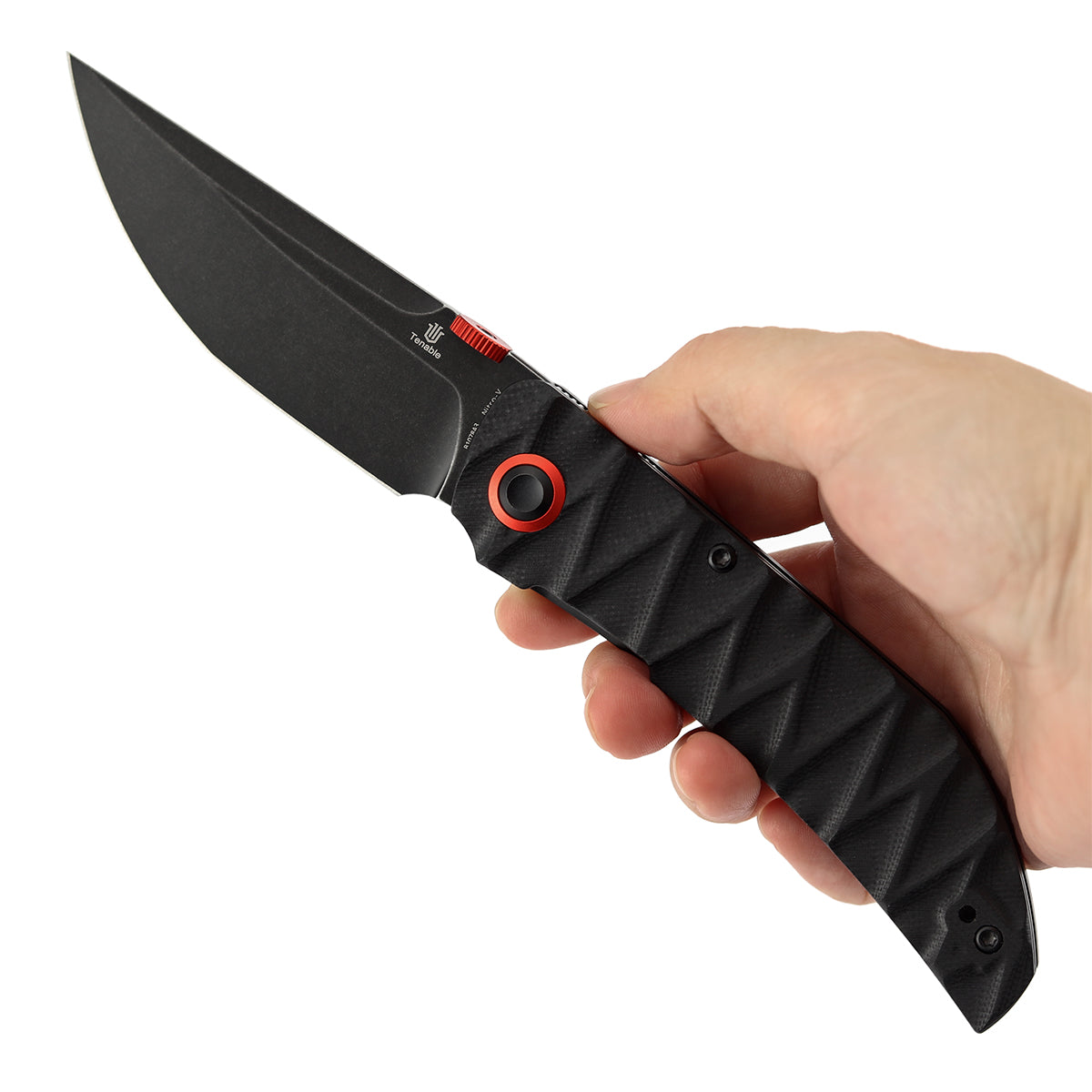 Tenable Tarkin Liner Knife | 3.4" Blackwash Nitro-V Blade | Black G10 with Faceted Wave Texture Handle | Matthew Christensen Design | B1078A3 - Image 10