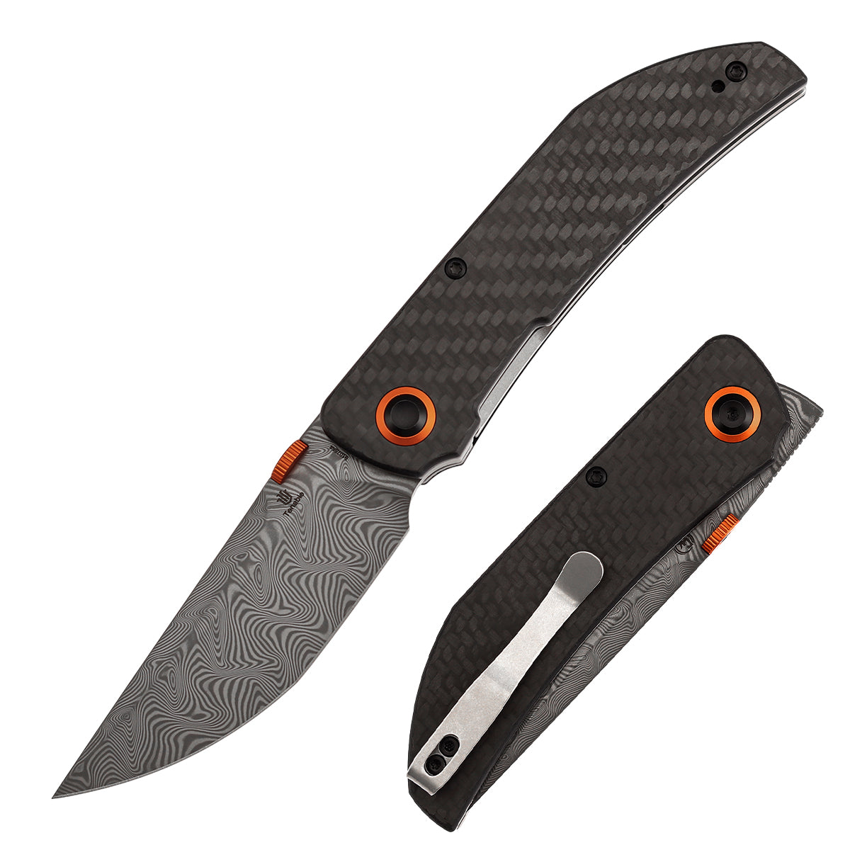 Tenable Tarkin Liner Knife | 3.4" Water Ripple Damascus Blade | Twill Carbon Fiber &G10 Handle | Matthew Christensen Design | B1078A4