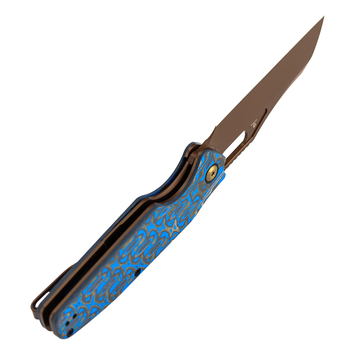 Tenable Tuckamore Folding Knife | 3.54" Rose Gold Nitro V | Blue & Yellow Vortex Micarta | Jonathan Styles Design - B1052A3 - Image 7
