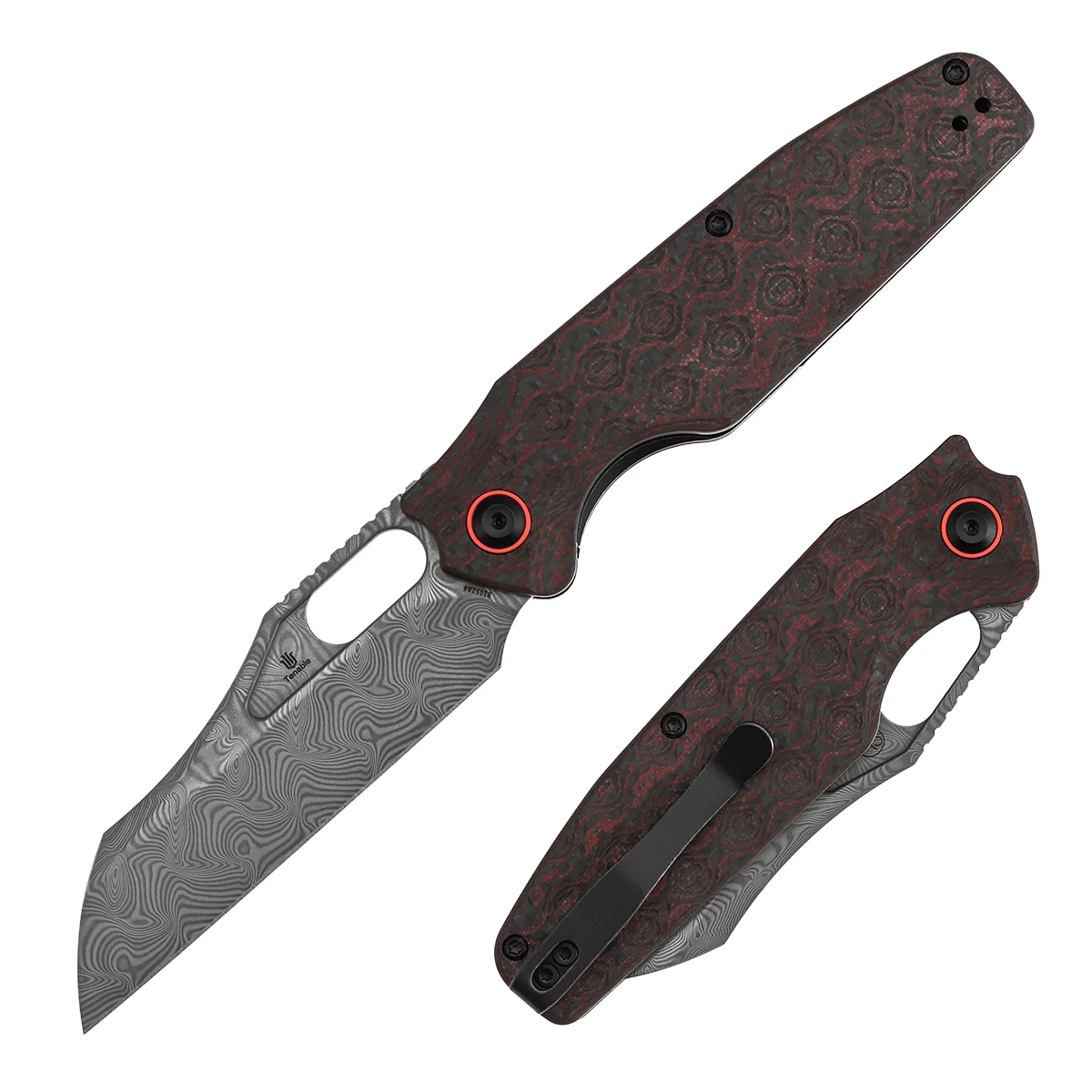 Tenable Tuckamore Folding Knife | 3.54" Water Ripple Damascus | Red & Black Rose Pattern Carbon Fiber | Jonathan Styles Design - B1052A4