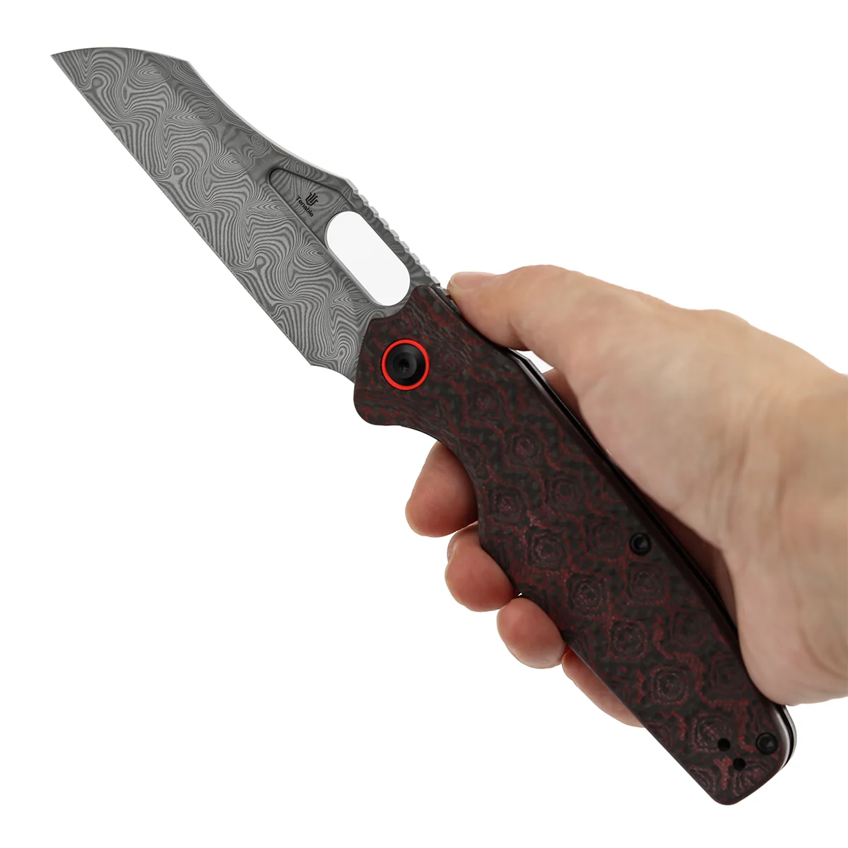 Tenable Tuckamore Folding Knife | 3.54" Water Ripple Damascus | Red & Black Rose Pattern Carbon Fiber | Jonathan Styles Design - B1052A4 - Image 10