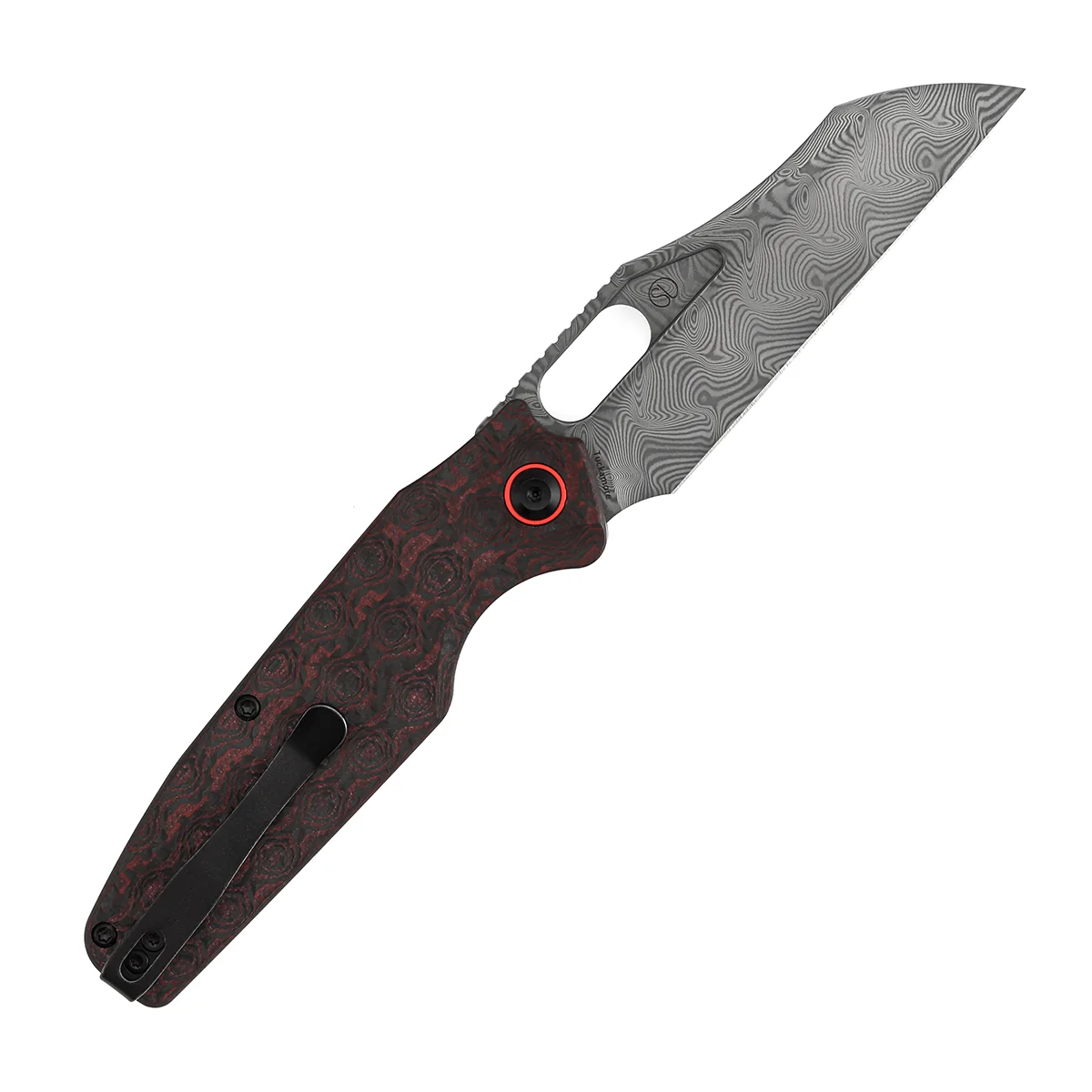 Tenable Tuckamore Folding Knife | 3.54" Water Ripple Damascus | Red & Black Rose Pattern Carbon Fiber | Jonathan Styles Design - B1052A4 - Image 4