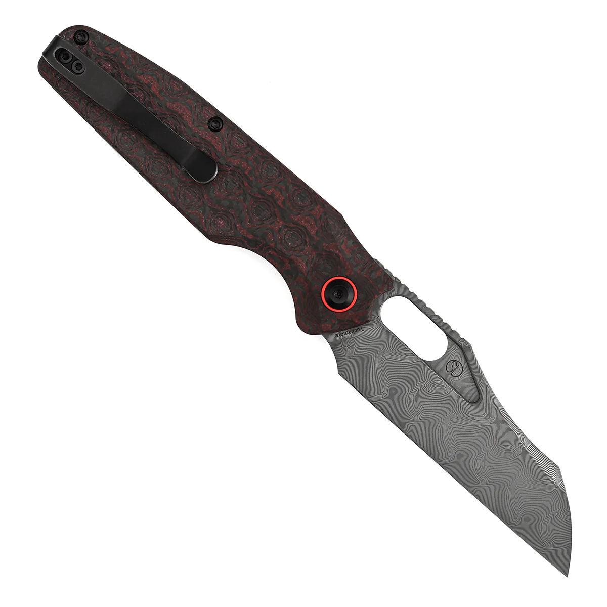 Tenable Tuckamore Folding Knife | 3.54" Water Ripple Damascus | Red & Black Rose Pattern Carbon Fiber | Jonathan Styles Design - B1052A4 - Image 5