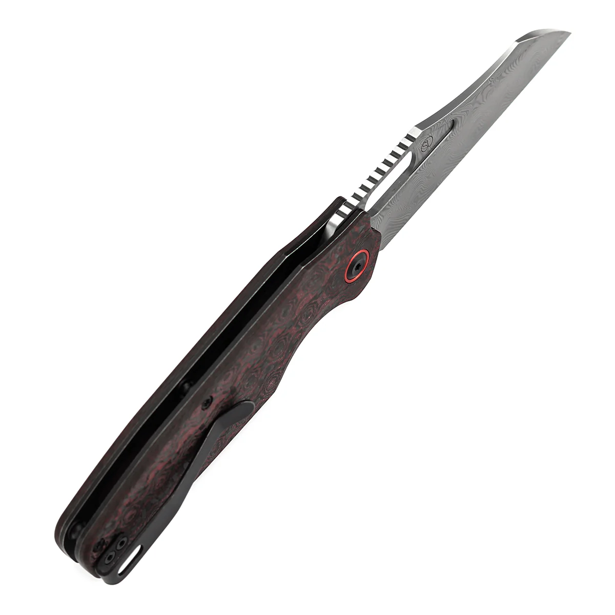 Tenable Tuckamore Folding Knife | 3.54" Water Ripple Damascus | Red & Black Rose Pattern Carbon Fiber | Jonathan Styles Design - B1052A4 - Image 6