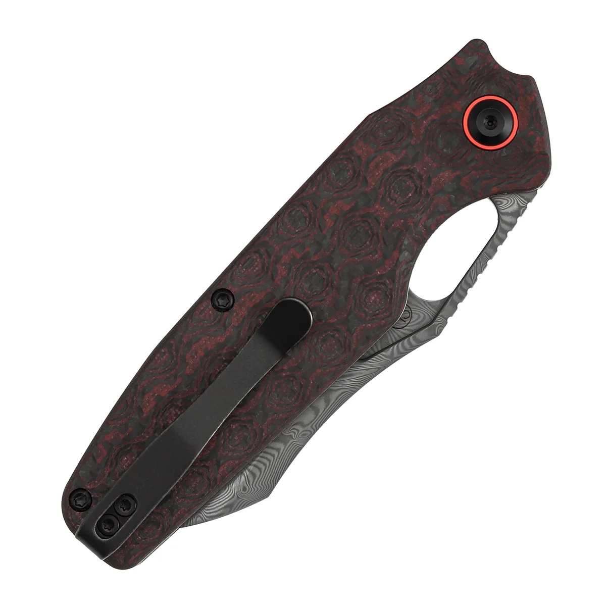 Tenable Tuckamore Folding Knife | 3.54" Water Ripple Damascus | Red & Black Rose Pattern Carbon Fiber | Jonathan Styles Design - B1052A4 - Image 9