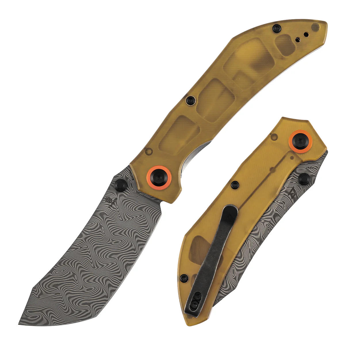 Tenable Tipper Folding Knife | 3.39'' Damascus Blade | Amber PEI/Ultem Handle | Edgy Bladeworks Design | B1079A5